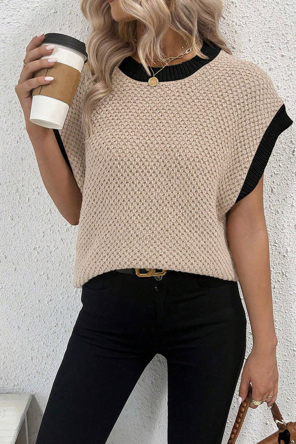 Chic Light French Beige Sweater with Batwing Sleeves and Contrast Trim - Detail View 2 Chic Light French Beige Sweater with Batwing Sleeves and Contrast Trim - Detail View 2