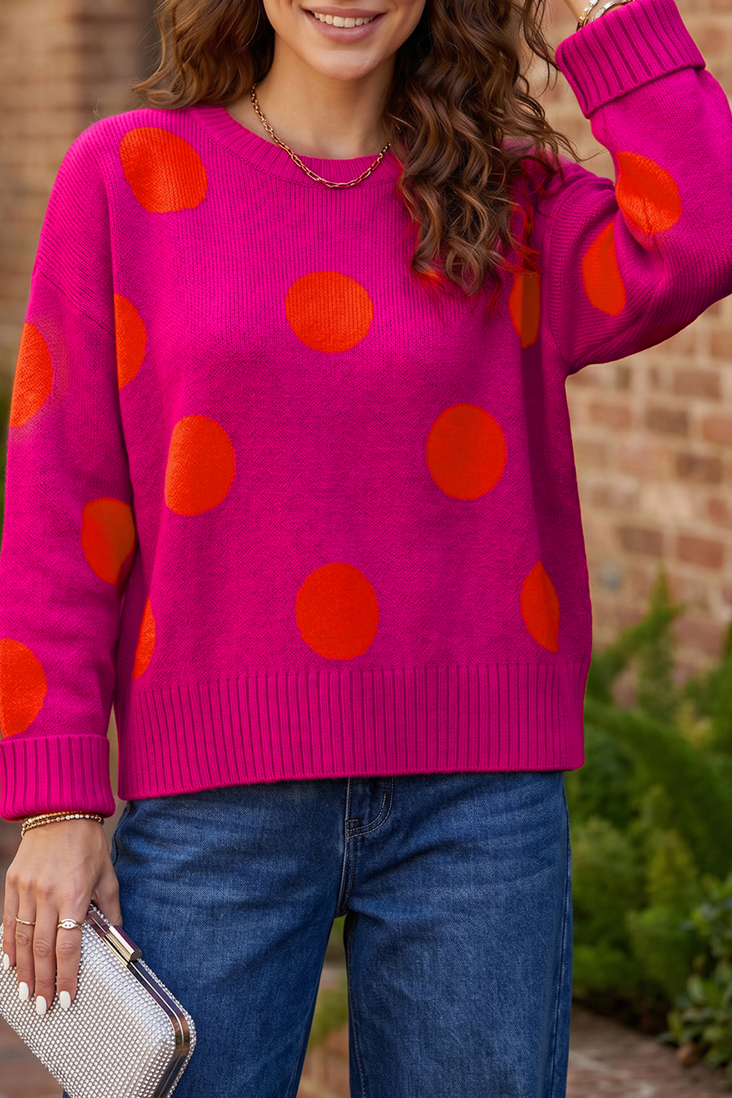 Soft Polka Dot Knit Sweater, Trendy Strawberry Pink Crewneck - Detail View 8 Soft Polka Dot Knit Sweater, Trendy Strawberry Pink Crewneck - Detail View 8