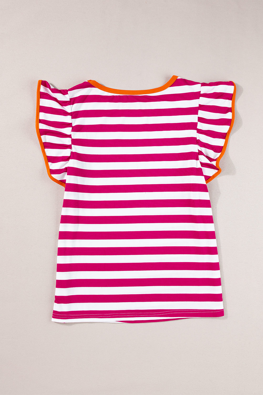 Women's Soft Rose Red Striped Ruffle Sleeve Crew Neck Blouse - Detail View 6 Women's Soft Rose Red Striped Ruffle Sleeve Crew Neck Blouse - Detail View 6