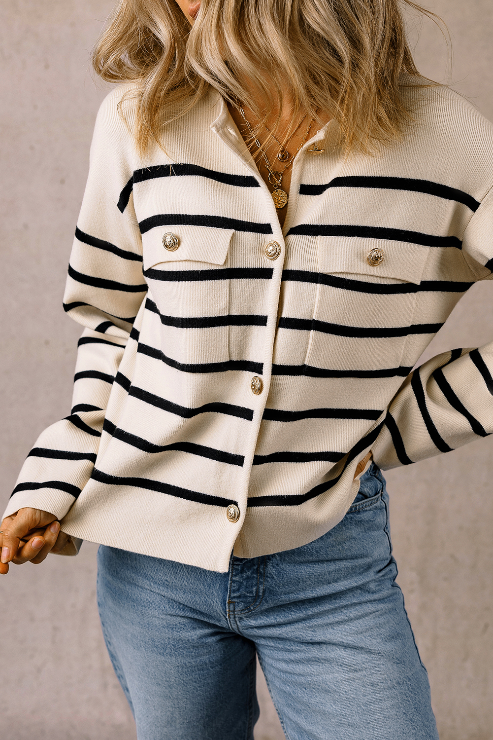 Timeless and Versatile Black Stripe Cardigan with Adjustable Fit and Pocket details - Detail View 3 Timeless and Versatile Black Stripe Cardigan with Adjustable Fit and Pocket details - Detail View 3