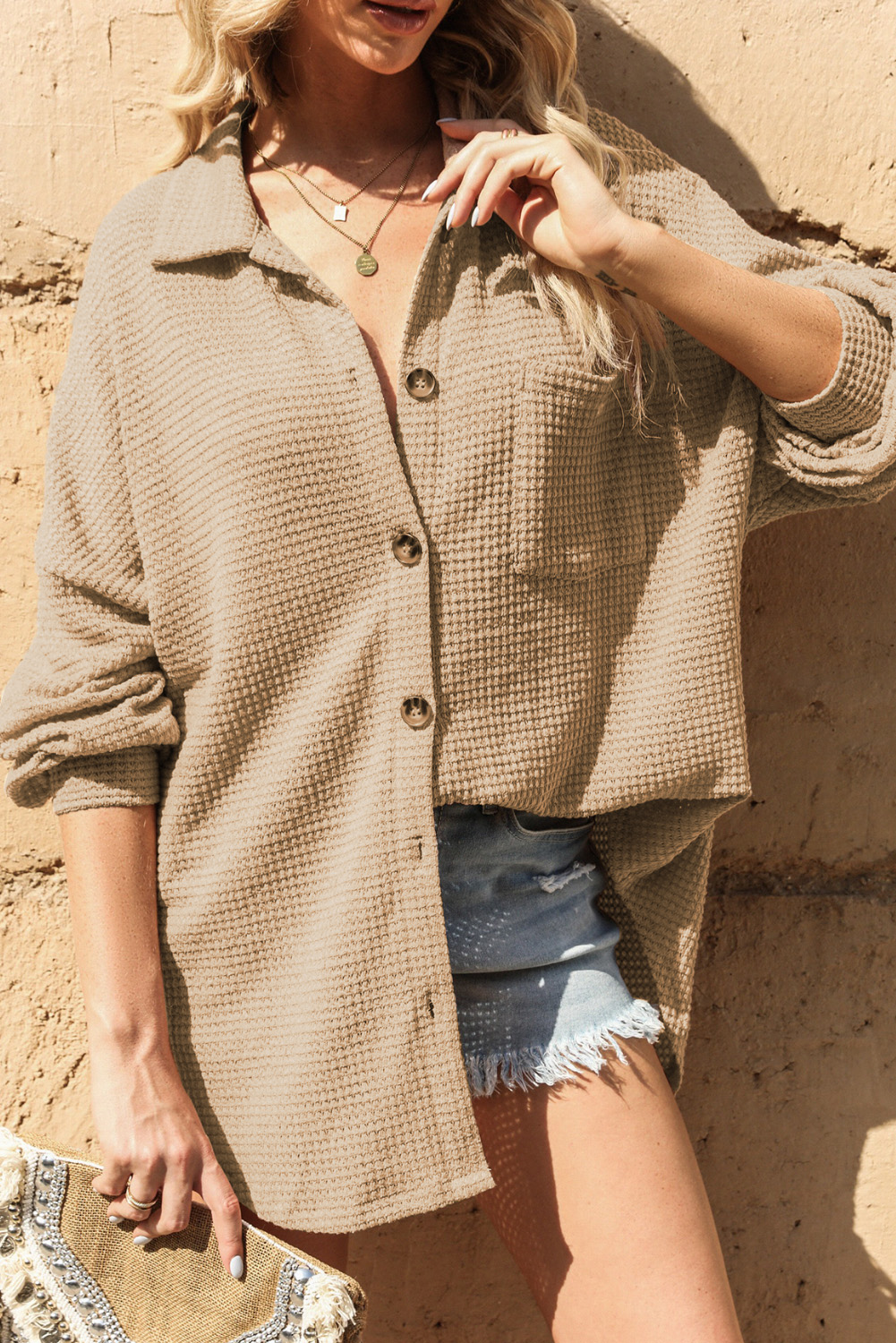 Women's Khaki Waffle Knit Shirt, Long Sleeve Button Up Top - Detail View 10 Women's Khaki Waffle Knit Shirt, Long Sleeve Button Up Top - Detail View 10