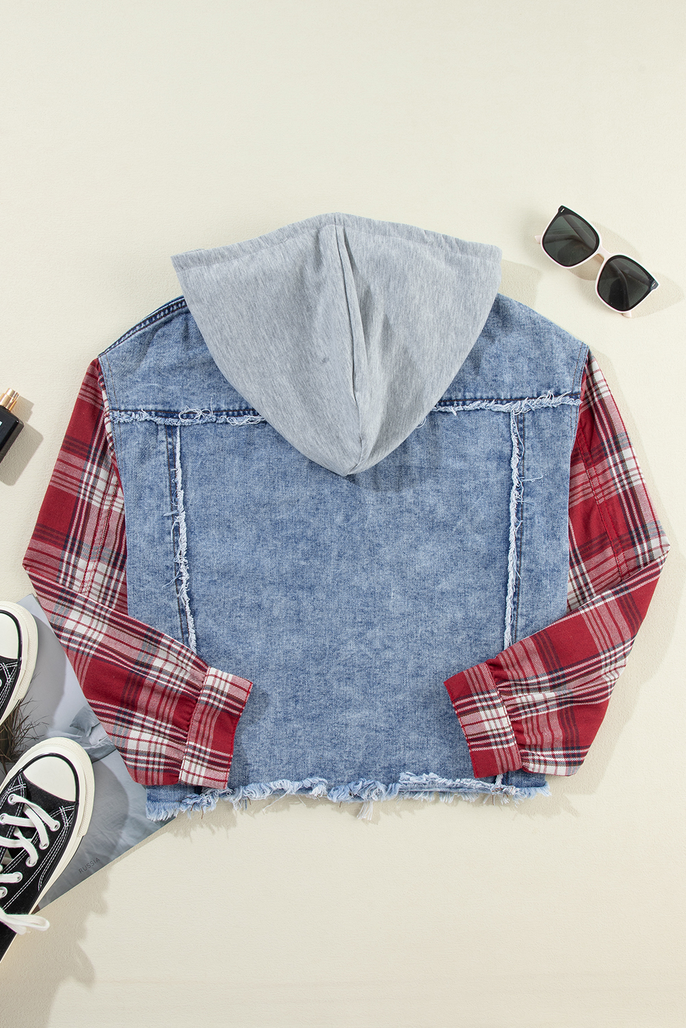 Women's Beau Blue Plaid Patchwork Hooded Denim Jacket - Detail View 11 Women's Beau Blue Plaid Patchwork Hooded Denim Jacket - Detail View 11