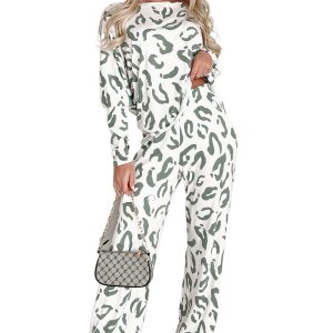 Women's Beige Leopard Print Long Sleeve and Pants Loungewear Set - Main View