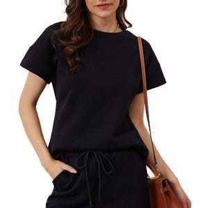 Women's Textured Two Piece Set, Casual Black Summer Outfit - Main View