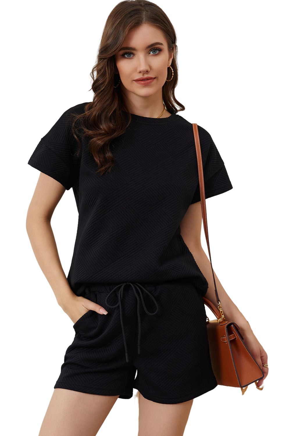 Women's Textured Two Piece Set, Casual Black Summer Outfit - Main View Women's Textured Two Piece Set, Casual Black Summer Outfit - Main View