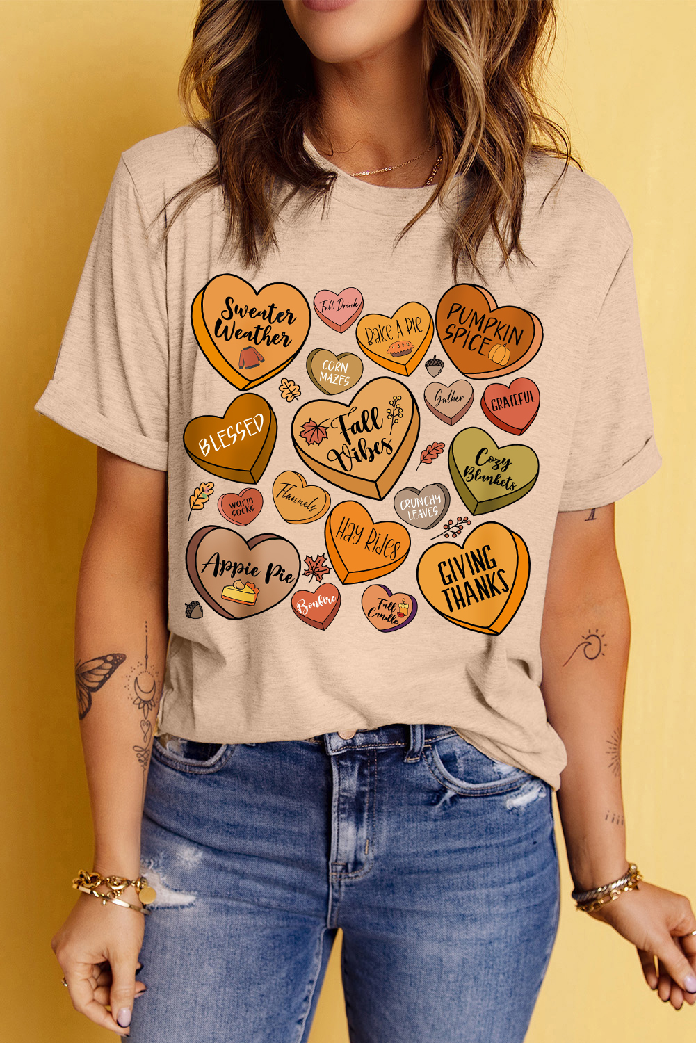 Women's Khaki Candy Heart Thanksgiving Graphic Tee - Detail View 6 Women's Khaki Candy Heart Thanksgiving Graphic Tee - Detail View 6