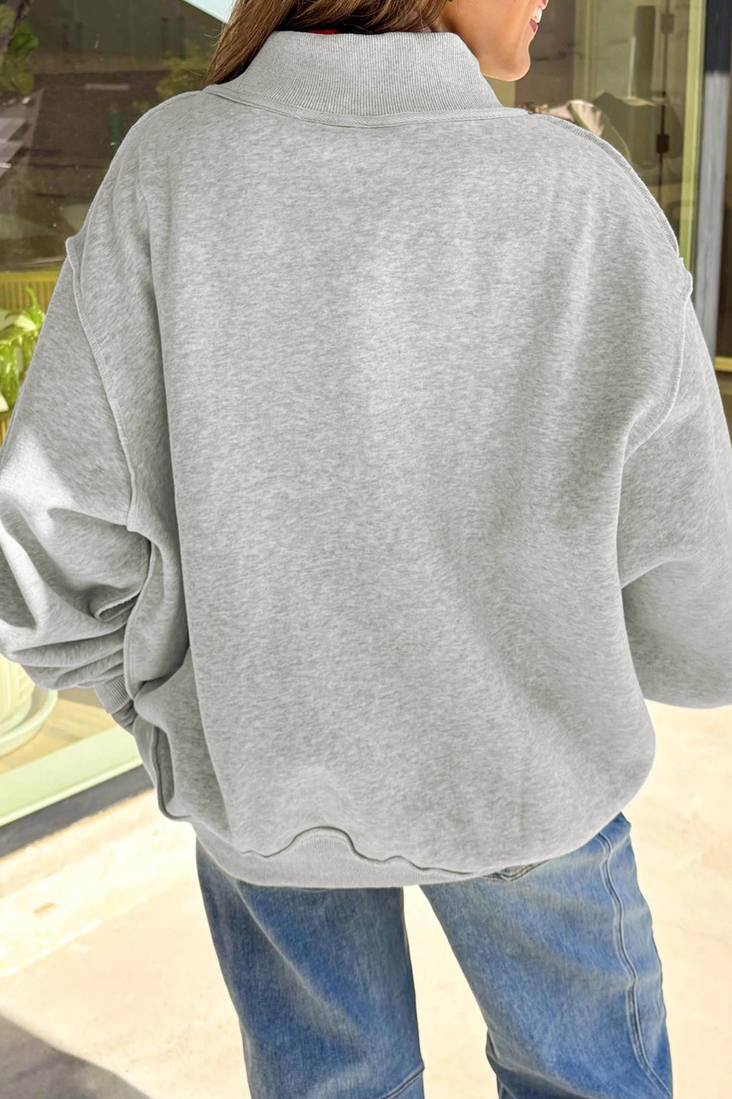 Witchy Graphic Mock Neck Sweatshirt, Light Grey Autumn Top - Detail View 2 Witchy Graphic Mock Neck Sweatshirt, Light Grey Autumn Top - Detail View 2
