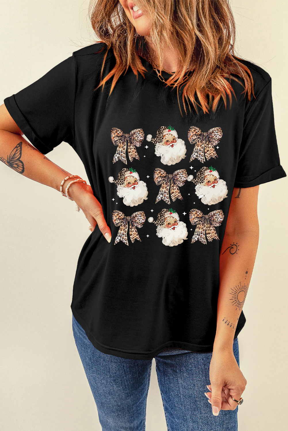 Santa's Little Helper: Fun and Festive Graphics T-Shirt - Leopard Print and Bow - Detail View 10 Santa's Little Helper: Fun and Festive Graphics T-Shirt - Leopard Print and Bow - Detail View 10