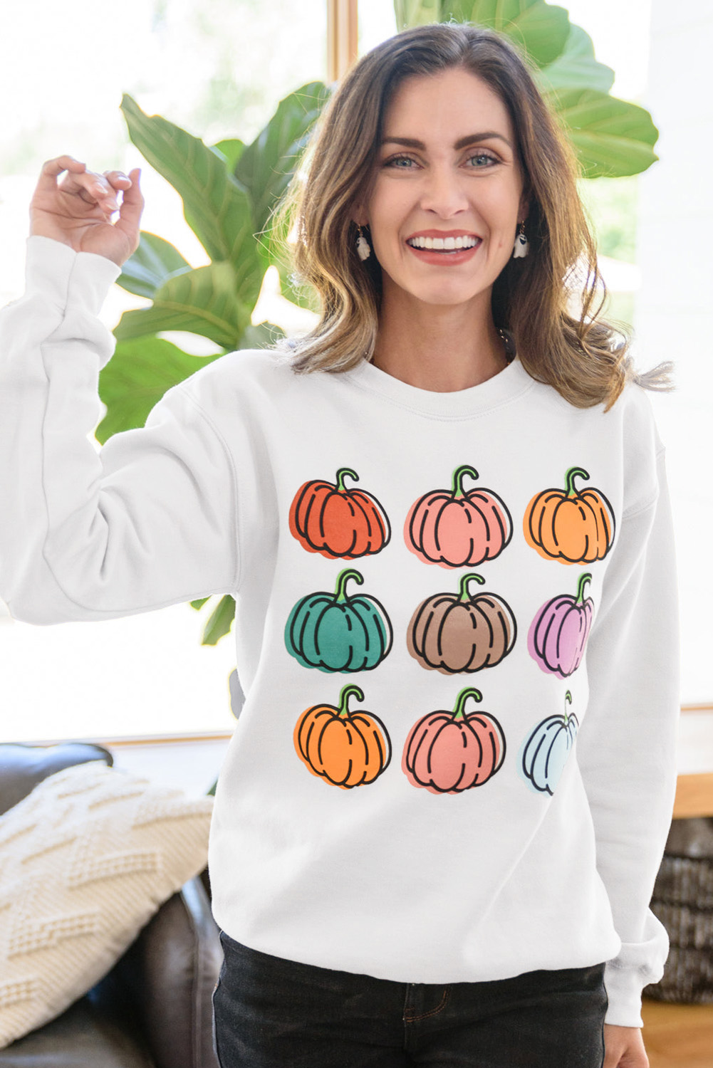 Women's Beige Halloween Sweatshirt with Vibrant Pumpkins Print - Detail View 6 Women's Beige Halloween Sweatshirt with Vibrant Pumpkins Print - Detail View 6