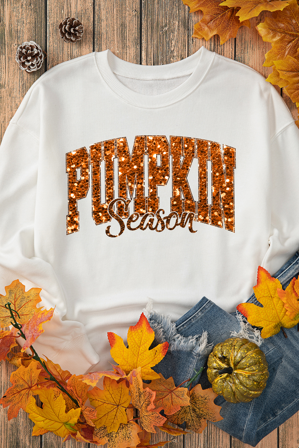 Women's Beige Pumpkin Season Printed Crewneck Thanksgiving Sweatshirt - Detail View 9 Women's Beige Pumpkin Season Printed Crewneck Thanksgiving Sweatshirt - Detail View 9