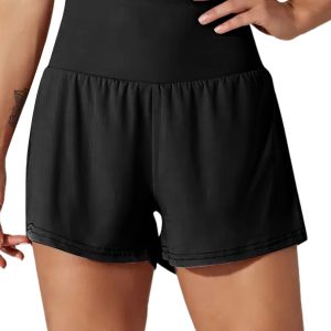 Women's Black Solid Color Swim Shorts with Invisible Pocket - Main View