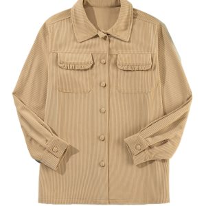 Women's Light French Beige Solid Corduroy Shacket with Frilled Flap Pocket - Main View