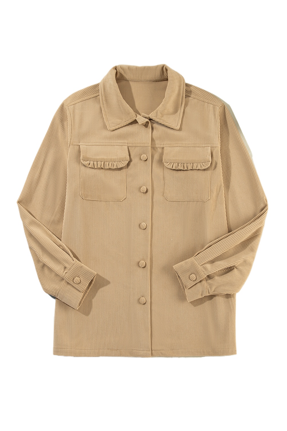 Women's Light French Beige Solid Corduroy Shacket with Frilled Flap Pocket - Main View Women's Light French Beige Solid Corduroy Shacket with Frilled Flap Pocket - Main View