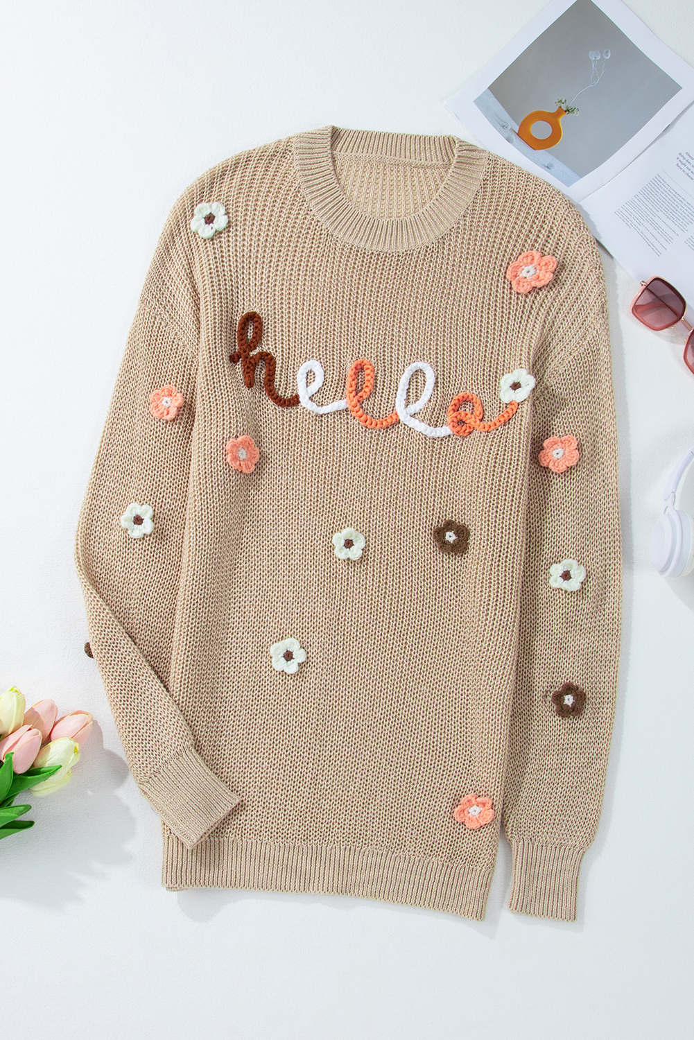 Cozy and Chic Loose Fit Sweater - Parchment Hello Floral Embroidered - Detail View 3 Cozy and Chic Loose Fit Sweater - Parchment Hello Floral Embroidered - Detail View 3