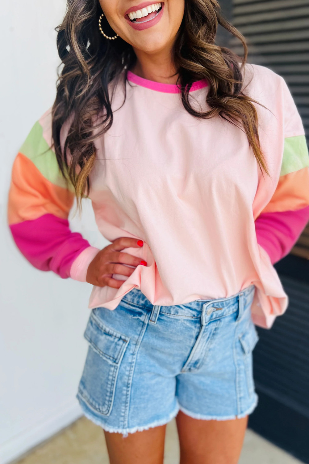 Versatile Round Neck Top: Eye-Catching Colorblock Patchwork Design in Pink - Detail View 2 Versatile Round Neck Top: Eye-Catching Colorblock Patchwork Design in Pink - Detail View 2