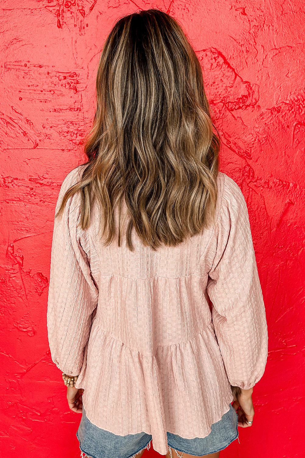 Casual Chic Blouse for Women - Light Pink V Neck with Textured Fabric and Flowy Fit - Detail View 3 Casual Chic Blouse for Women - Light Pink V Neck with Textured Fabric and Flowy Fit - Detail View 3