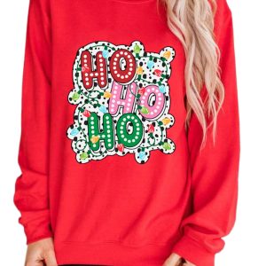 Women's Cozy Red Christmas Graphic Sweatshirt with Colorful HO HO HO Design - Main View