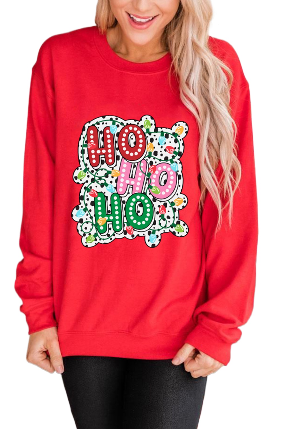 Women's Cozy Red Christmas Graphic Sweatshirt with Colorful HO HO HO Design - Main View Women's Cozy Red Christmas Graphic Sweatshirt with Colorful HO HO HO Design - Main View