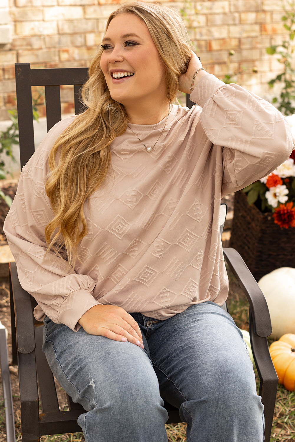 Plus Size Sweatshirt, Women's Sweatshirt, Parchment Color, Textured Fabric, Drop Shoulder, Crew Neck, Casual Wear, Relaxed Fit, Daily Wear, Cozy, Comfortable, Fall Fashion, Versatile Style, Long Sleeve, Solid Color, Shift Silhouette, Trendy Plus Size Clothing - Detail View 4 Plus Size Sweatshirt, Women's Sweatshirt, Parchment Color, Textured Fabric, Drop Shoulder, Crew Neck, Casual Wear, Relaxed Fit, Daily Wear, Cozy, Comfortable, Fall Fashion, Versatile Style, Long Sleeve, Solid Color, Shift Silhouette, Trendy Plus Size Clothing - Detail View 4