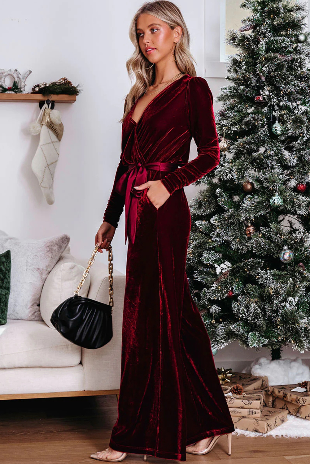 Women's Red Velvet Jumpsuit, Elegant Long Sleeve Wide Leg - Detail View 4 Women's Red Velvet Jumpsuit, Elegant Long Sleeve Wide Leg - Detail View 4