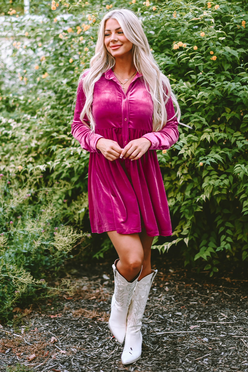 Women's Rosy Velvet Shirt Dress, Long Sleeve Mini Silhouette - Detail View 7 Women's Rosy Velvet Shirt Dress, Long Sleeve Mini Silhouette - Detail View 7