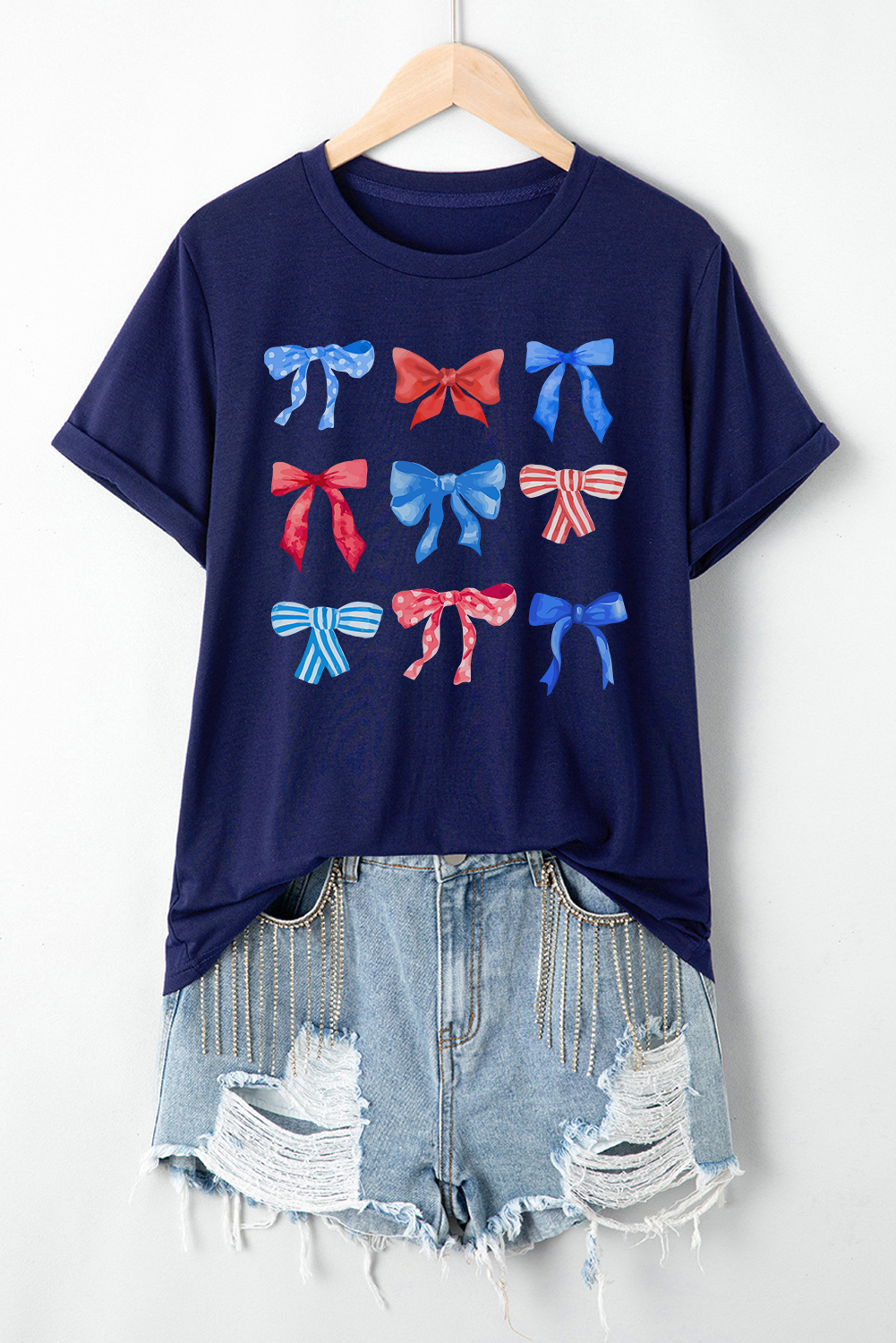 Patriotic Bow Print Graphic Tee, Women's Short Sleeve Shirt - Detail View 8 Patriotic Bow Print Graphic Tee, Women's Short Sleeve Shirt - Detail View 8