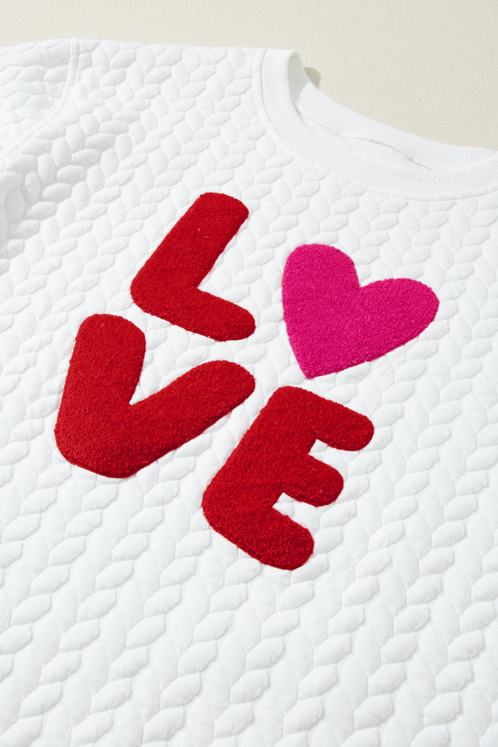 Women's Valentine Pullover, White Quilted Chenille Logo Top - Detail View 8 Women's Valentine Pullover, White Quilted Chenille Logo Top - Detail View 8