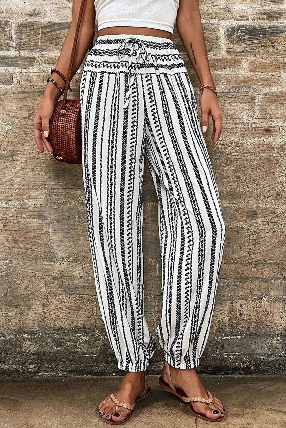 Women's Black Stripe Boho Striped Print Casual Pants - Detail View 6 Women's Black Stripe Boho Striped Print Casual Pants - Detail View 6
