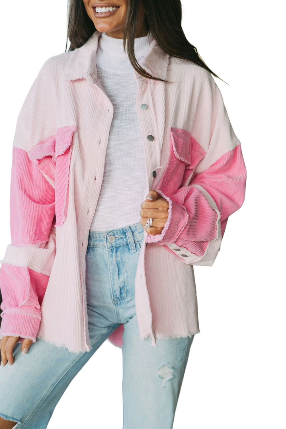 Women's Delicacy Two-Tone Color Exposed Seam Corduroy Shacket - Main View Women's Delicacy Two-Tone Color Exposed Seam Corduroy Shacket - Main View