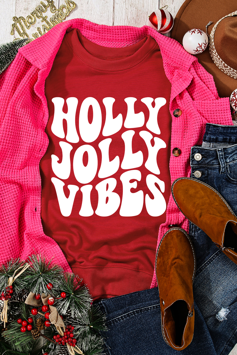 Christmas Spirit Crewneck Sweatshirt with HOLLY JOLLY VIBES Graphic Print - Detail View 2 Christmas Spirit Crewneck Sweatshirt with HOLLY JOLLY VIBES Graphic Print - Detail View 2