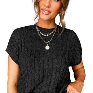 Women's Cable Knit Sweater, Short Sleeve Casual Black Top - Main View