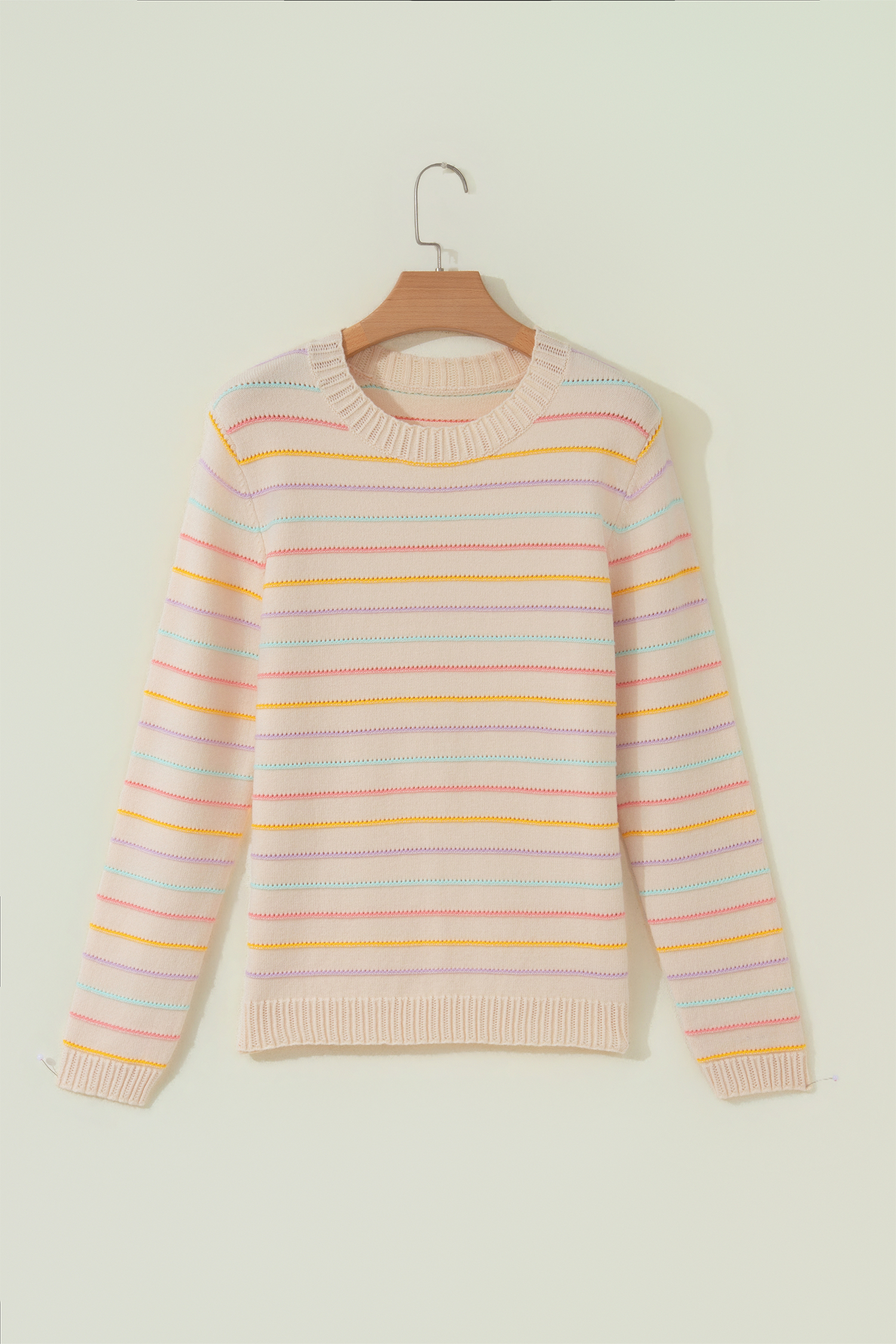 Colorful Stripe Crew Neck Sweater, Chic Autumn Pullover - Detail View 8 Colorful Stripe Crew Neck Sweater, Chic Autumn Pullover - Detail View 8