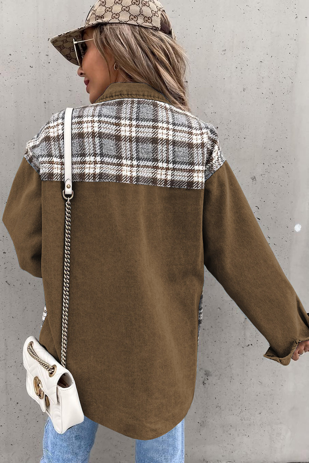 Button Down Plaid Denim Jacket, Warm Women's Fall Outerwear - Detail View 3 Button Down Plaid Denim Jacket, Warm Women's Fall Outerwear - Detail View 3
