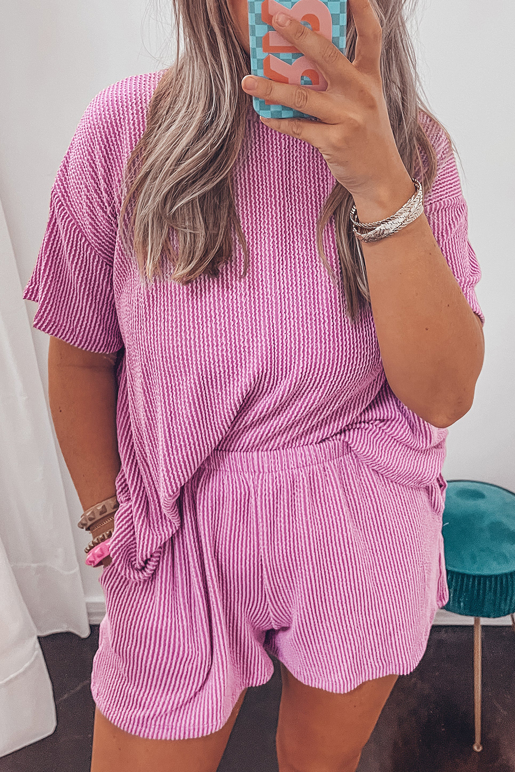 Women's Ribbed Knit Loungewear Set, Casual Summer Two Piece - Detail View 7 Women's Ribbed Knit Loungewear Set, Casual Summer Two Piece - Detail View 7