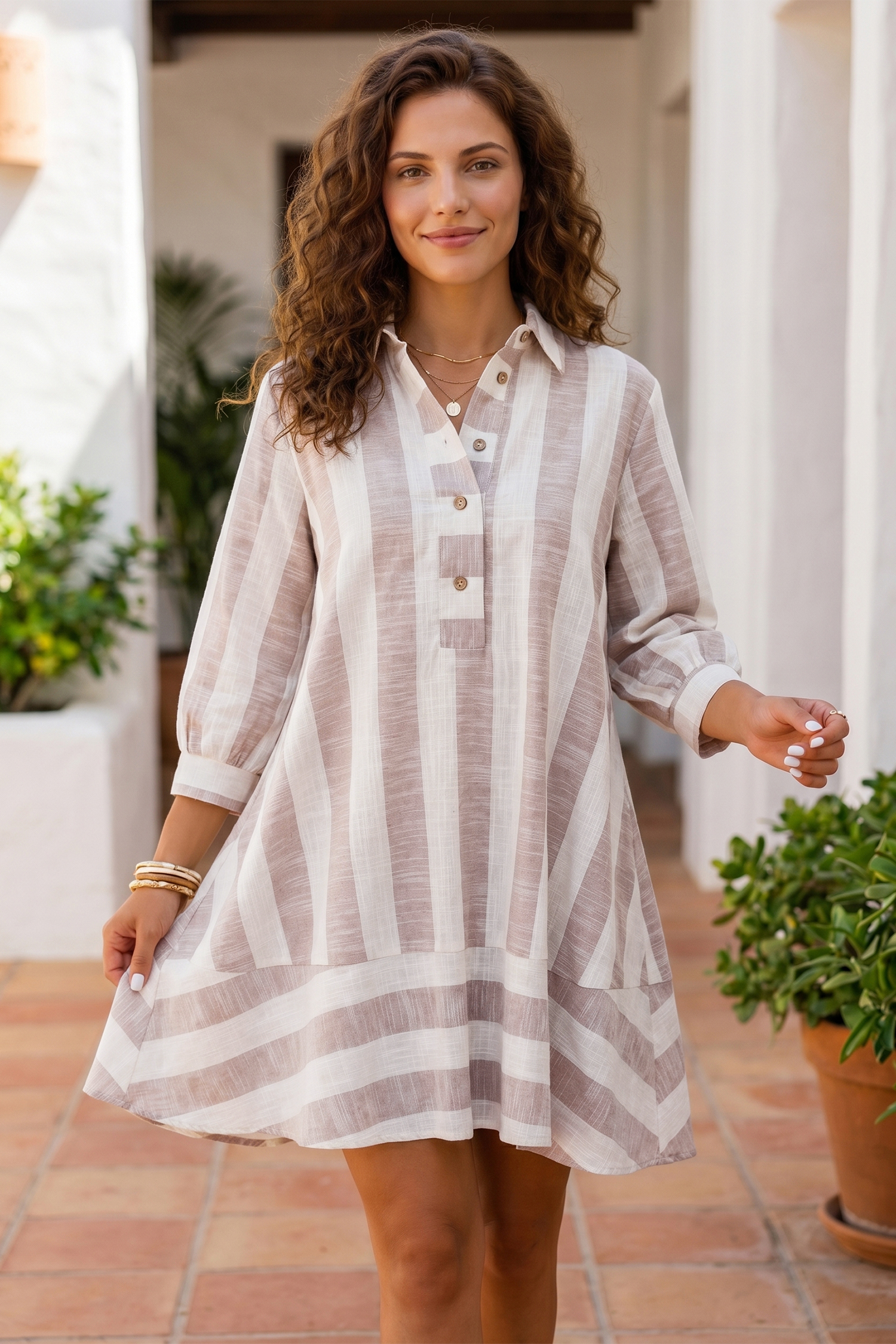 Cotton Linen Blend Dress, Women's Daily Striped Shift Style - Detail View 3 Cotton Linen Blend Dress, Women's Daily Striped Shift Style - Detail View 3