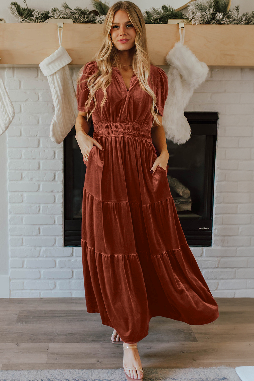 Boho-Inspired Short Sleeve Maxi Dress in Chestnut Velvet for Fall & Autumn Weddings - Detail View 3 Boho-Inspired Short Sleeve Maxi Dress in Chestnut Velvet for Fall & Autumn Weddings - Detail View 3