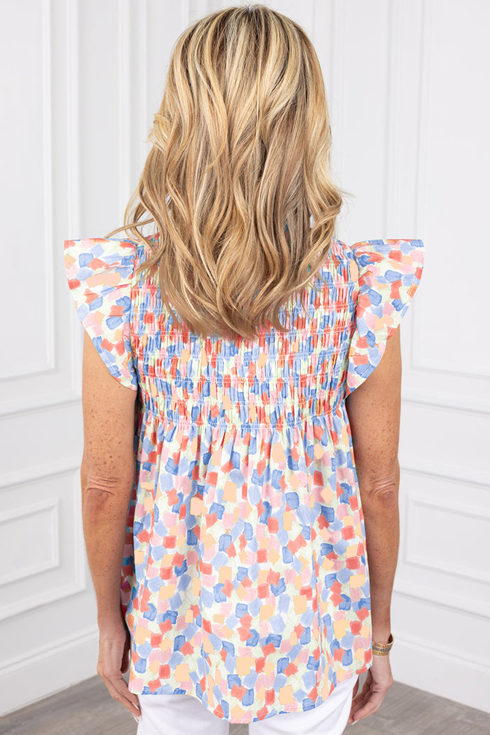 Stylish V-Neck Ruffle Sleeve Blouse: Pink Abstract Print - Detail View 2 Stylish V-Neck Ruffle Sleeve Blouse: Pink Abstract Print - Detail View 2
