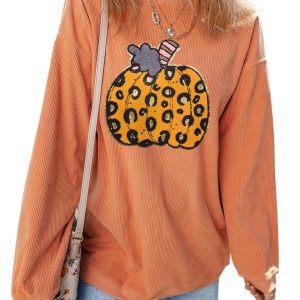 Women's Orange Leopard Pumpkin Patchwork Ribbed Sweatshirt - Main View
