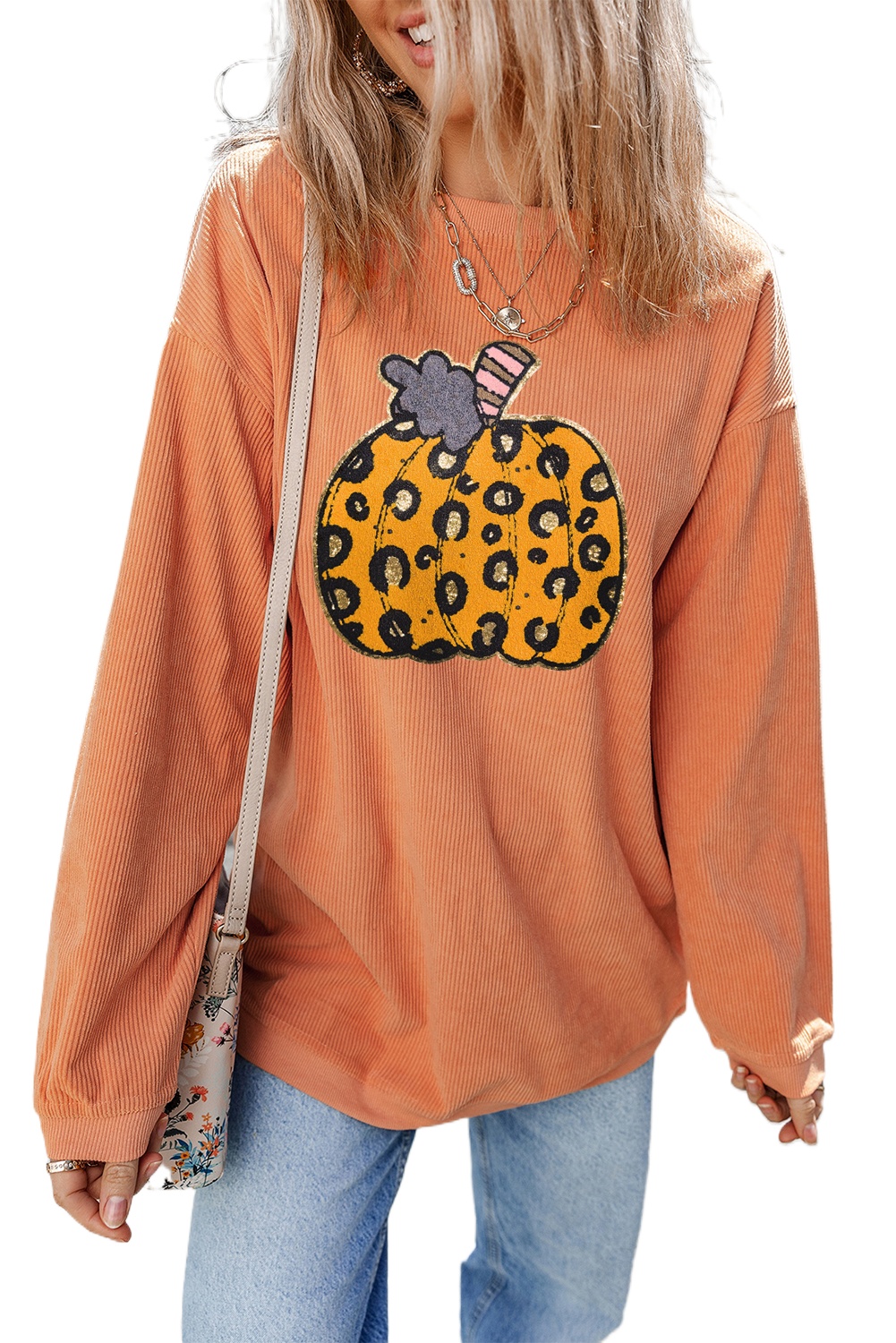 Women's Orange Leopard Pumpkin Patchwork Ribbed Sweatshirt - Main View Women's Orange Leopard Pumpkin Patchwork Ribbed Sweatshirt - Main View