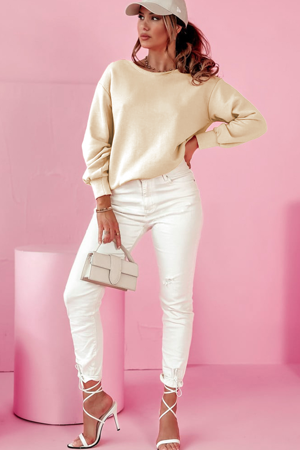 Women's Apricot Round Neck Sweatshirt with Elegant Bowknot Detail - Detail View 6 Women's Apricot Round Neck Sweatshirt with Elegant Bowknot Detail - Detail View 6
