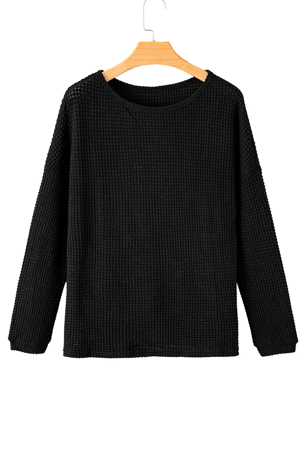 Chic and Comfy: Black Waffle Knit Long Sleeve Top for Women - Detail View 12 Chic and Comfy: Black Waffle Knit Long Sleeve Top for Women - Detail View 12