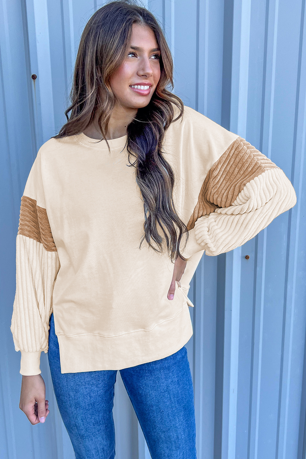 Comfortable and Trendy: Women's Long Sleeve Sweatshirt in Apricot - Detail View 3 Comfortable and Trendy: Women's Long Sleeve Sweatshirt in Apricot - Detail View 3