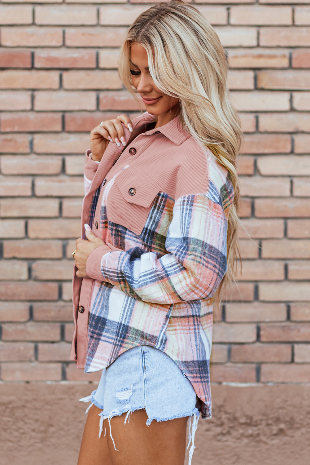 Stylish Women's Plaid Shacket, Long Sleeve Corduroy Jacket - Detail View 3 Stylish Women's Plaid Shacket, Long Sleeve Corduroy Jacket - Detail View 3