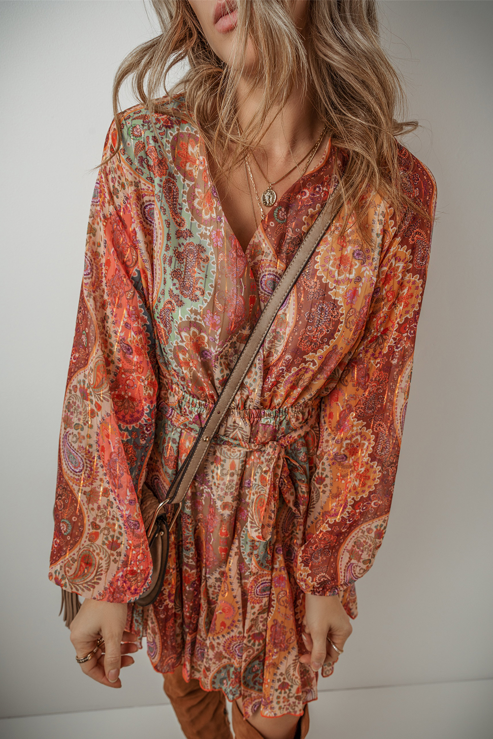 Women's Orange Boho Paisley Print Long Sleeve Pleated Belted Mini Dress - Detail View 6 Women's Orange Boho Paisley Print Long Sleeve Pleated Belted Mini Dress - Detail View 6