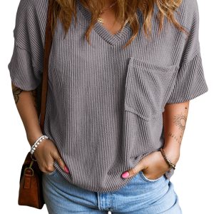 Women's Ribbed V Neck T-Shirt, Casual Grey Pocket Top - Main View