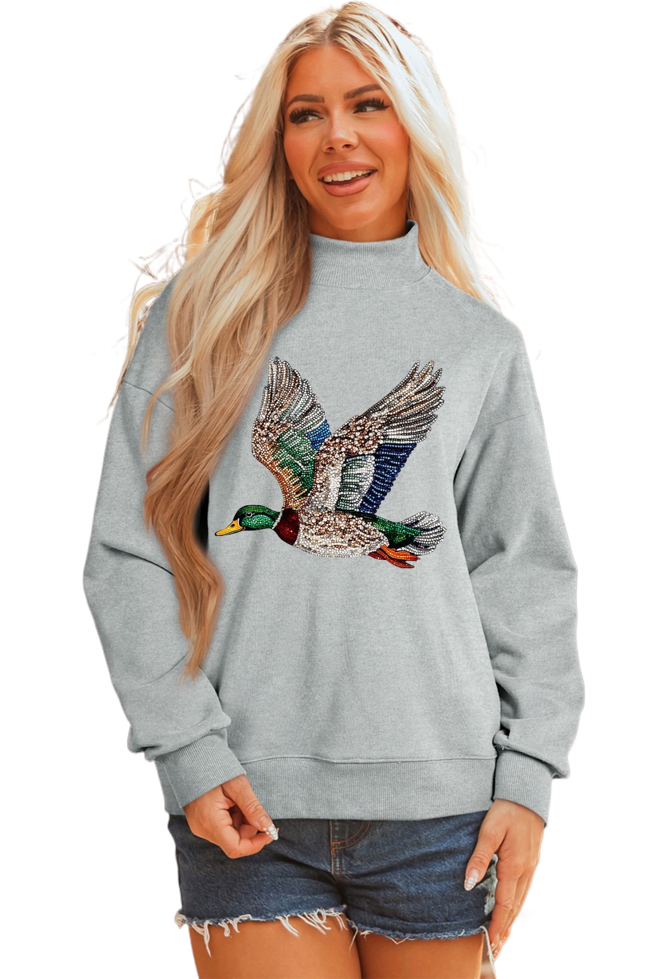 Women's Mallard Duck Sweatshirt, Western Style Mock Neck Top - Main View Women's Mallard Duck Sweatshirt, Western Style Mock Neck Top - Main View