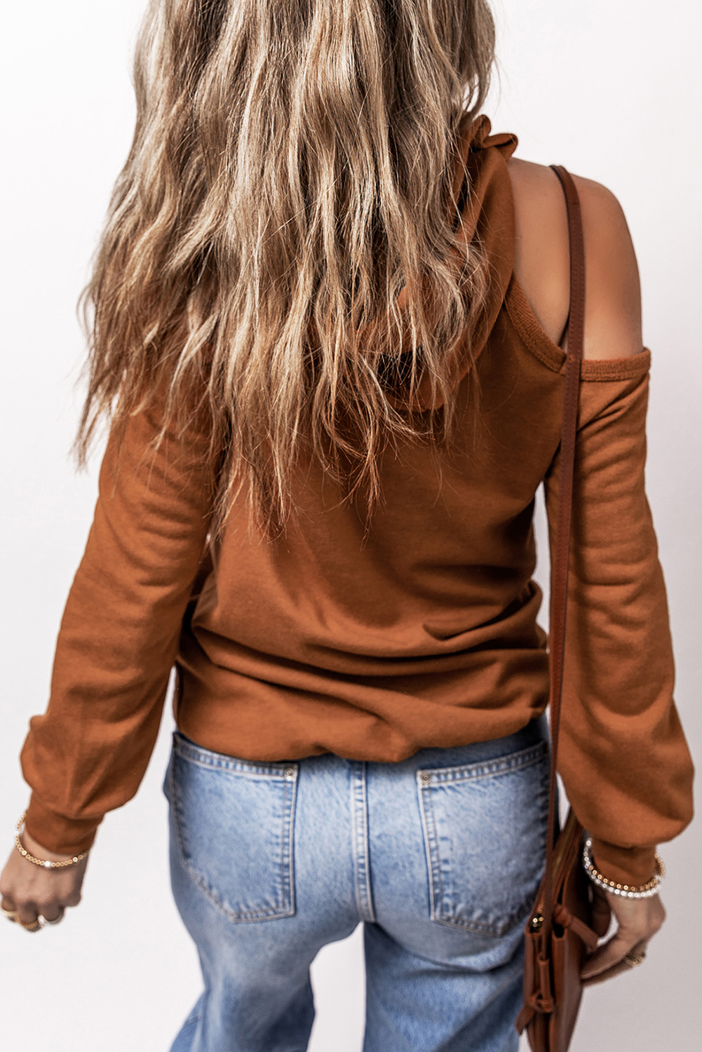 Casual Chic Hoodie with Cold Shoulder Details - Cinnamon - Detail View 7 Casual Chic Hoodie with Cold Shoulder Details - Cinnamon - Detail View 7