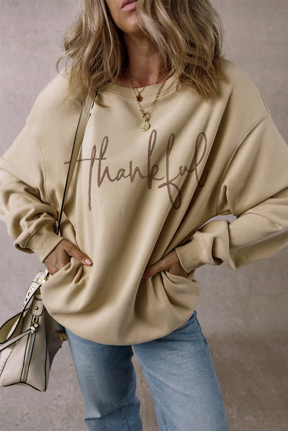 Women's Parchment Embroidered Drop Shoulder Pullover Sweatshirt - Detail View 6 Women's Parchment Embroidered Drop Shoulder Pullover Sweatshirt - Detail View 6