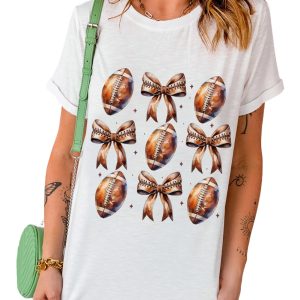 Women's White Rugby Football Bow Printed Game Day T-Shirt - Cute and Casual - Main View
