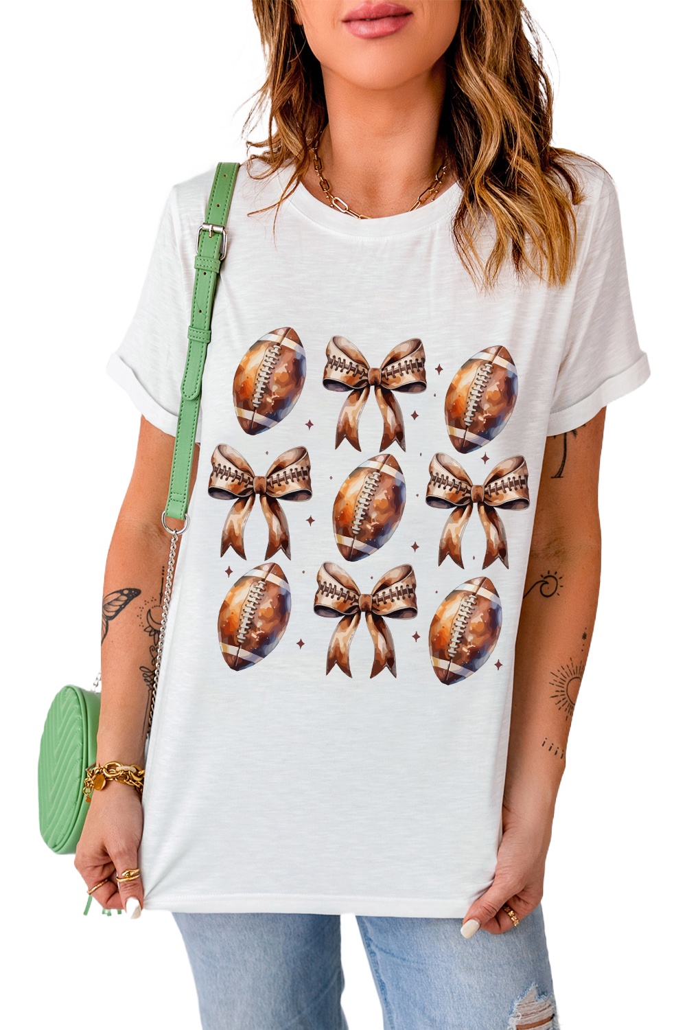 Women's White Rugby Football Bow Printed Game Day T-Shirt - Cute and Casual - Main View Women's White Rugby Football Bow Printed Game Day T-Shirt - Cute and Casual - Main View